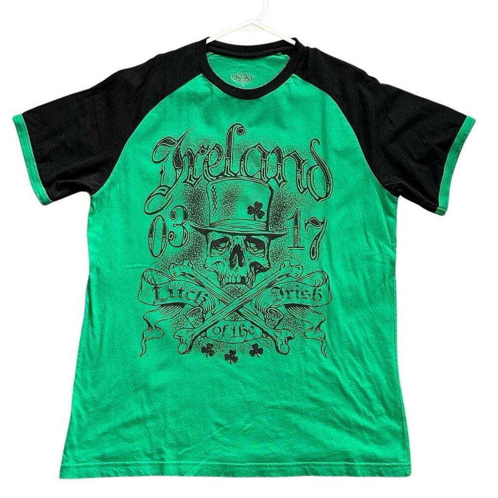 Lucky Tee Irish T-Shirt Skull Graphic St. Patricks Ringer Shamrock Green Sz L
